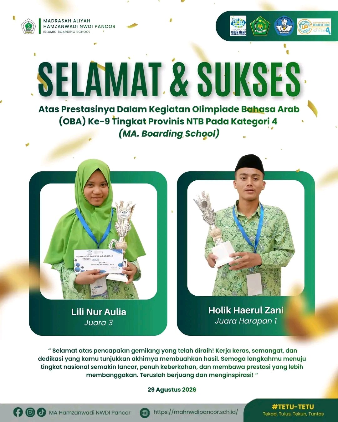 Siswa MA Hamzanwadi NWDI Pancor Raih Prestasi di Olimpiade Bahasa Arab Provinsi NTB